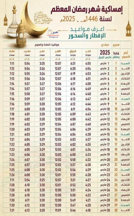 امساكية رمضان 2025